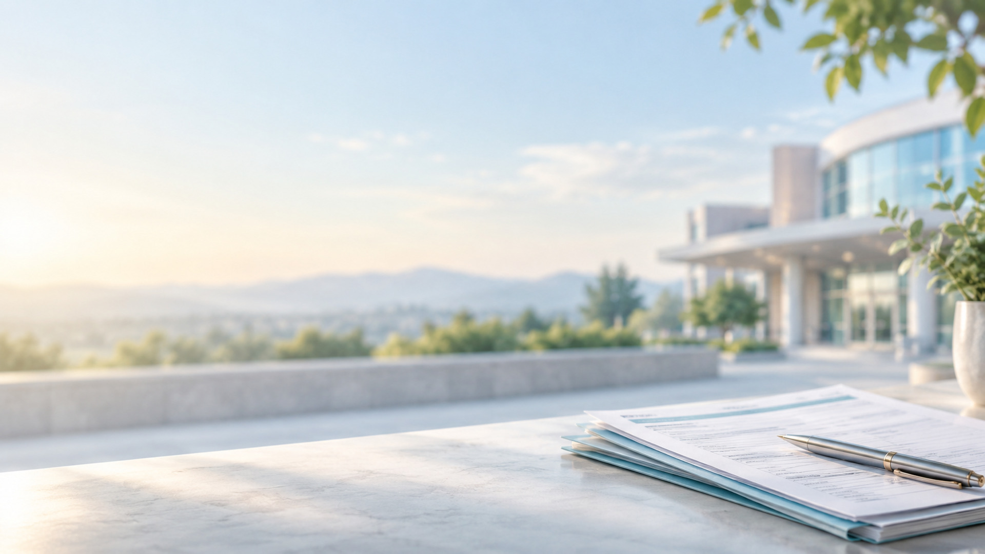 Financial-assistance forms and a pen on a stone table, with a hospital campus in morning light.
